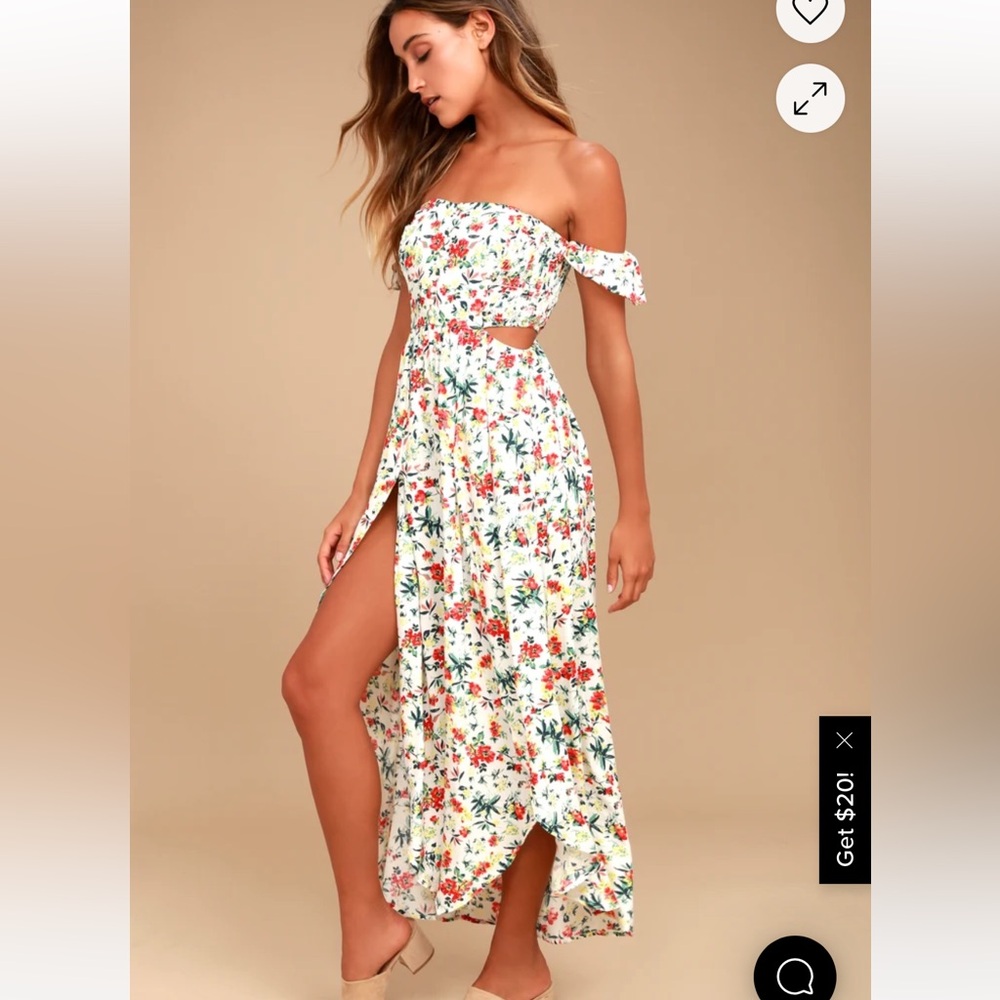 Lulu's Easy on the Eyes Cream Floral Print Off-the-Shoulder Maxi Dress